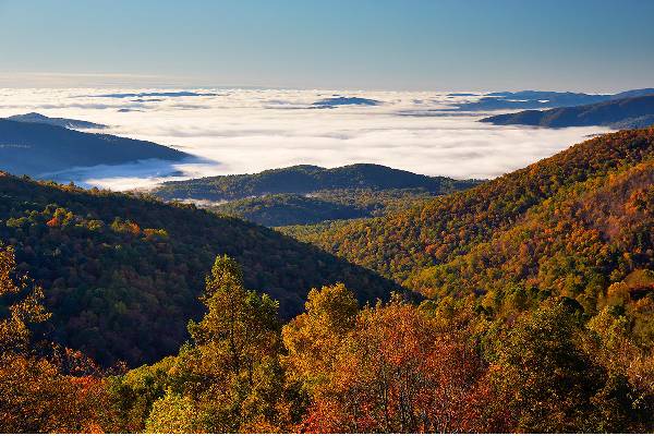 Sunrise over the Blue Ridge Mountains from Blackrock Summit, Shenandoah National Park, Virginia.