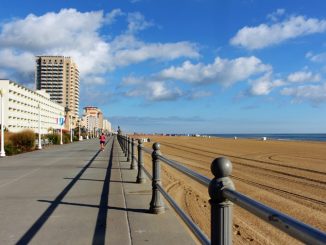 An Image of Northern Virginia's Oceanfront boardwalk lined with tall buildings