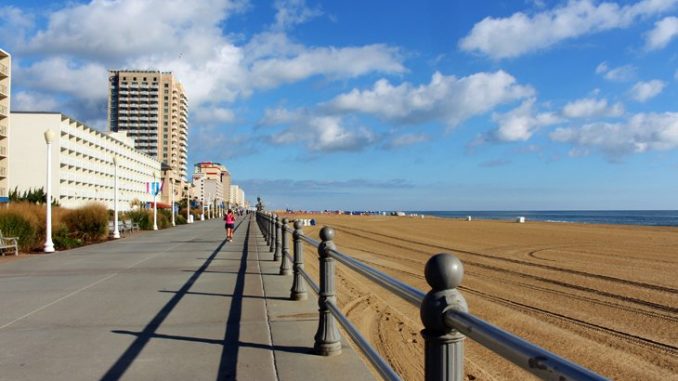 An Image of Northern Virginia's Oceanfront boardwalk lined with tall buildings