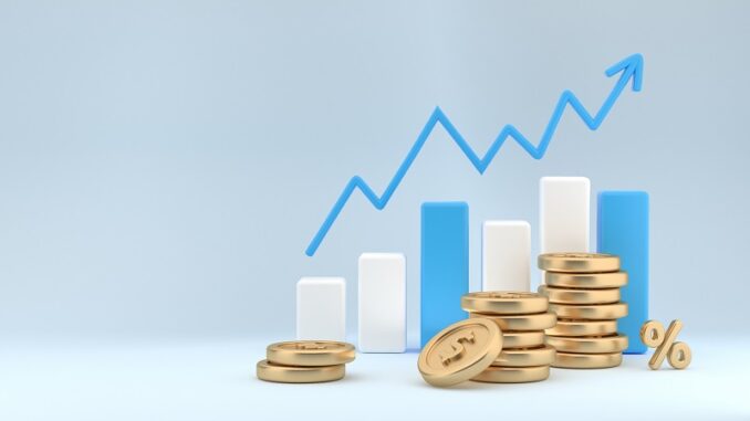 The Image illustrated the growth of the currency in a bar diagram with the colour of blue and white bars with gold color coins